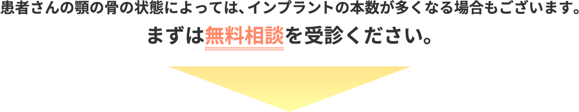 患者さんの顎の骨の状態によっては、インプラントの本数が多くなる場合もございます。まずは無料相談を受診ください。