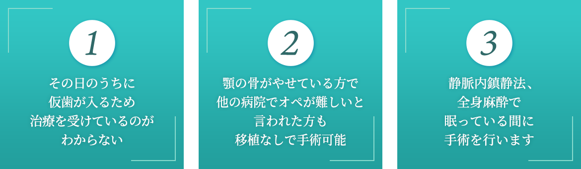 1.その日のうちに仮歯が入るため治療を受けているのがわからない。2.顎の骨がやせている方で他の病院でオペが難しいと言われた方も移植なしで手術可能。3.静脈内鎮静法、全身麻酔で眠っている間に手術を行います。