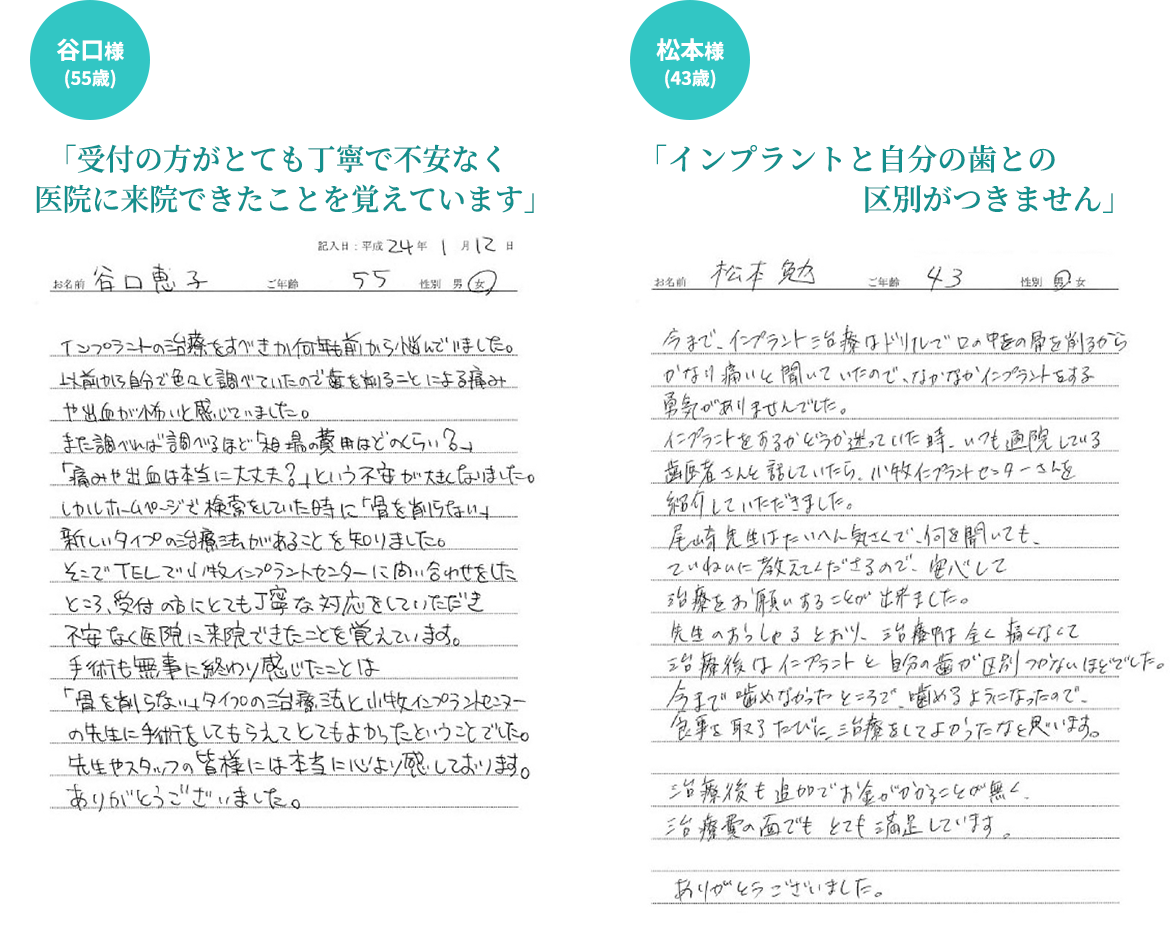 「受付の方がとても丁寧で不安なく医院に来院できたことを覚えています」「インプラントと自分の歯との区別がつきません」