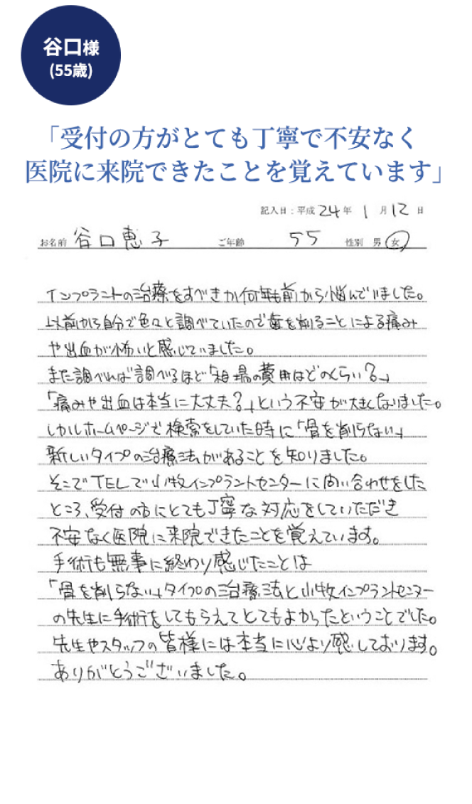 谷口様 受付の方がとても丁寧で不安なく医院に来院できたことを覚えています