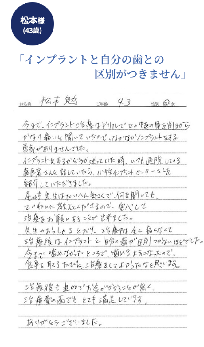 松本様 インプラントと自分の歯との区別がつきません